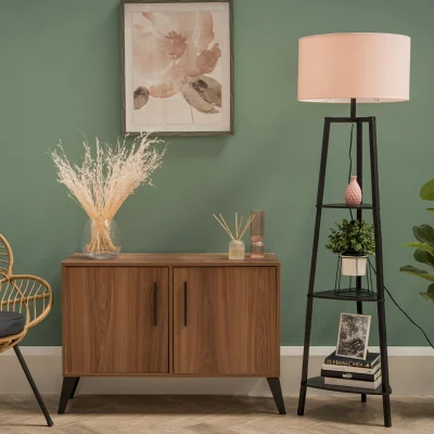 The Range Hiru 3 Tier Floor Lamp with Shelf and Drum Shade - Black