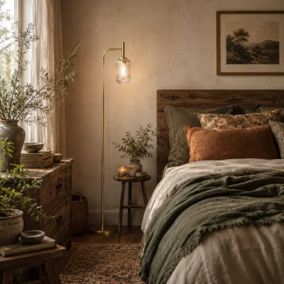 The Range Lamittu Gold Tone Floor Lamp with Textured Glass Shade and Foot Switch