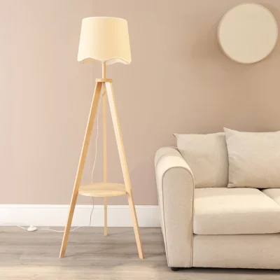 The Range Morrigan Wood Tripod Floor Lamp with Scallop Trim Shade - White