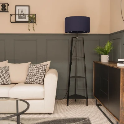 The Range Hiru 3 Tier Shelf Floor Lamp with Drum Lampshade - Navy