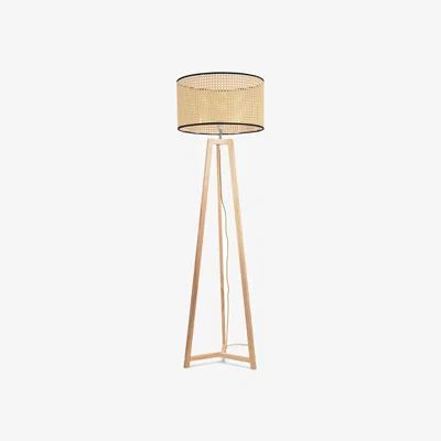 The Range Lottie Natural Wood Tripod Floor Lamp with Cane Rattan Shade - Yellow