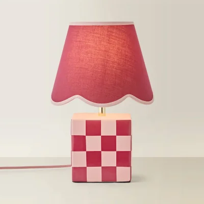 The Range Evie Ceramic Checkerboard Table Lamp with Scallop Shade - Burgundy / 1.21kg