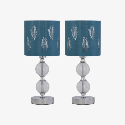 The Range Set Of 2 Chrome Two Ball Table Lamps With Teal Fern Shades - Chrome & Teal