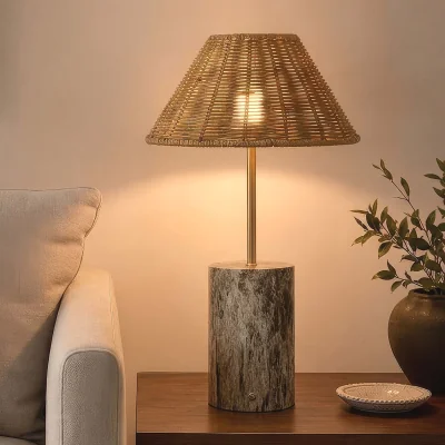 The Range Lighting Collection Cove Rechargeable Rattan Shade & Marble Finish Base Lamp - Gold