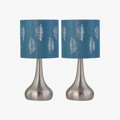 The Range Set Of 2 Romana Brushed Chrome Touch Table Lamps With Teal Shades - Satin Nickel & Teal