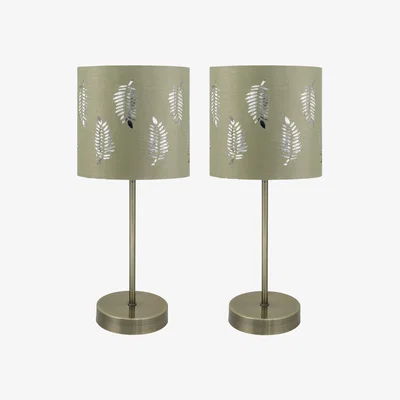 The Range Set Of 2 Antique Brass Stick Table Lamps With Sage Green Fern Shades - Antique Brass & Sage Green