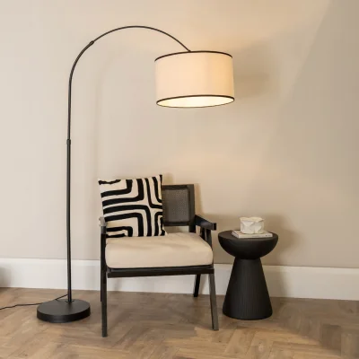 The Range Louis Arched Floor Lamp with Linen Trim Drum Shade - Black / Bulb Included