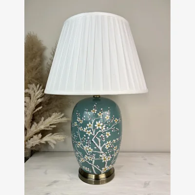 The Range Teal Blossom Ceramic Table Lamp with Pleated Shade - Green