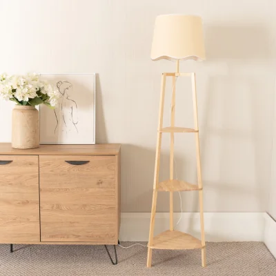 The Range Hiru Three Tier Wooden Shelf Floor Lamp with Scallop Shade - White / Without Bulb