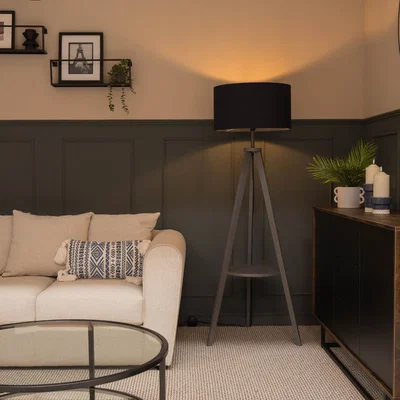 The Range Morrigan Grey Wood Tripod Floor Lamp with Drum Shade and Bulb - Navy