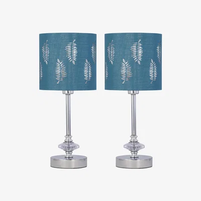 The Range Set Of 2 Chrome Jewelled Table Lamps With Teal Fern Shades - Chrome & Teal