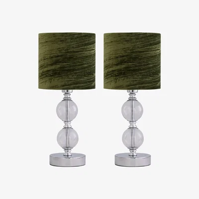 The Range Set Of 2 Chrome Two Ball Table Lamp With Green Crushed Velvet Shades - Chrome & Dark Green
