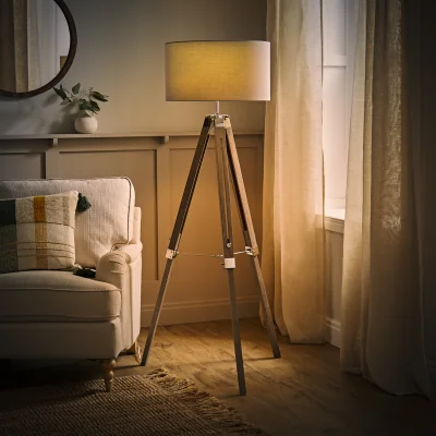 The Range Clipper Light Wood Tripod Floor Lamp with Drum Shade - Grey / Yes
