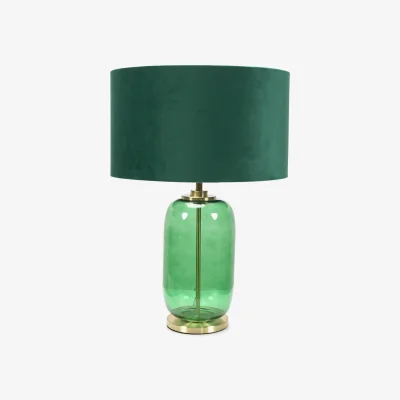 The Range Leigh Green Velvet Shade with Forest Green Glass and Gold Table Lamp and Bulb - Green