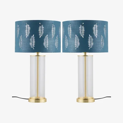 The Range Set Of 2 Aura Satin Brass Lamps With Teal Fern Cut Out Shades - Satin Brass & Teal