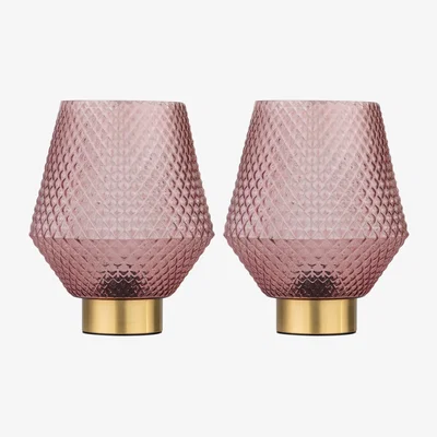 The Range Set Of 2 Porter Battery Operated Satin Brass Lamps Pink Tex Glass - Brass & Pink