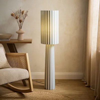 The Range Thorley Green and Cream Stripe Drum Shade Fabric Midi Floor Lamp - Green and Cream / No - Green and Cream