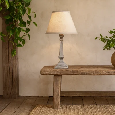 The Range Collioure Washed Wooden Pedestal Table Lamp with Linen Shade - Grey