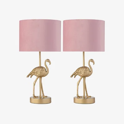 The Range Set Of 2 Flamingo Table Lamp With Shades - Antique Gold Resin And Blush Pink Velvet