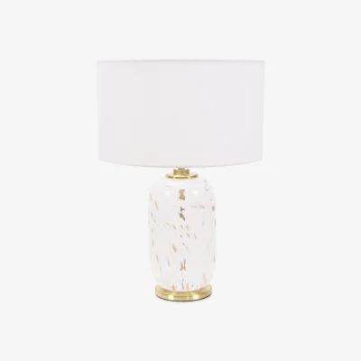 The Range India Fabric Drum Shade on Rounded White Confetti Glass Table Lamp with LED Bulb - White