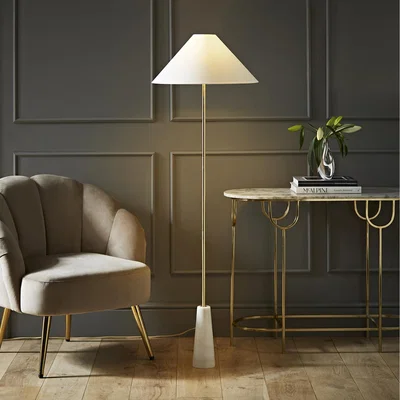 The Range Margot Marble Base Floor Lamp with Tapered Linen Lampshade - White