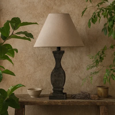 The Range Mossfern Wood Table Lamp with Neutral Linen Shade - Brown