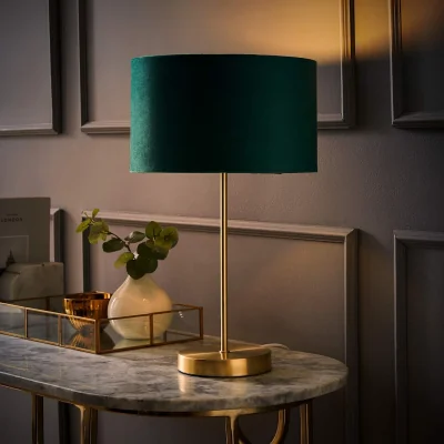 The Range Charlie Brushed Chrome Table Lamp with Velvet Shade - Forest Green
