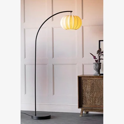 Rockett St George Black Arch Floor Lamp with Neutral Pleated Fabric Lampshade