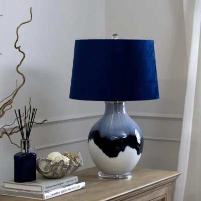 The Range Vitsa Ombre Glass Table Lamp with Navy Velvet Shade - White