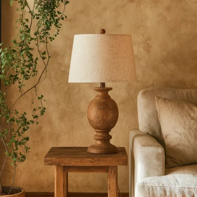 The Range Eguisheim Round Wooden Pillar Table Lamp with Linen Shade - Brown