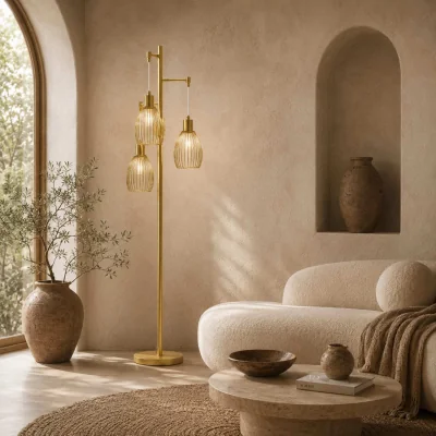 The Range Rodi Metal Gold Tone Industrial 3-Light Floor Lamp with Wire Cage Shades