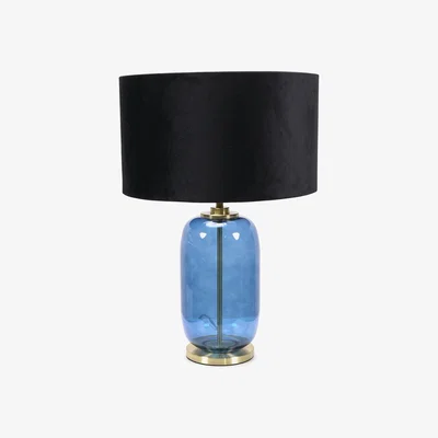 The Range Leigh Velvet Drum Shade with Navy Blue Glass and Gold Trim Table Lamp with Bulb - Black