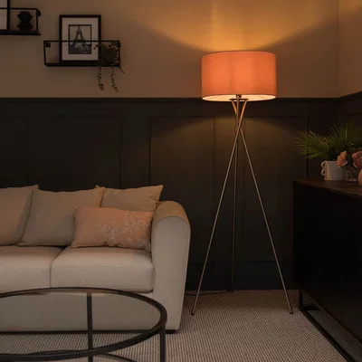 The Range Camden Brushed Chrome Tripod Floor Lamp with Drum Shade and Bulb - Blush