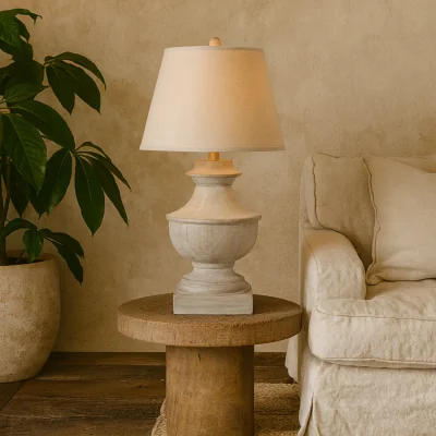 The Range Rochefort Washed Wide Table Lamp with Linen Shade - White