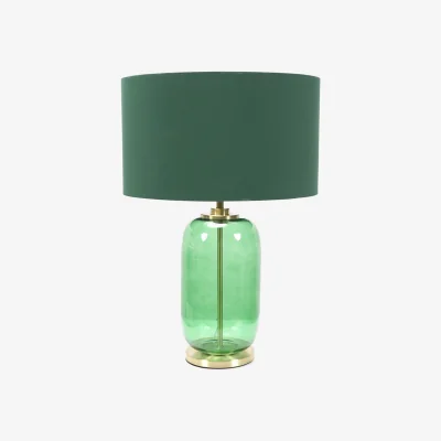 The Range Leigh Fabric Drum Shade and Forest Green Glass Gold Trim Table Lamp  LED Bulb - Green