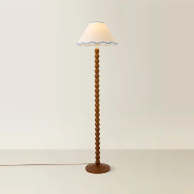 The Range Bobbin Colour Trim Linen Shade Bobble Floor Lamp  - Walnut Blue Trim - Walnut