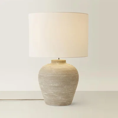 The Range Reid Large Ribbed Ceramic Table Lamp with Linen Drum Shade - Grey