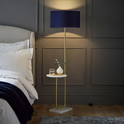 The Range Tavel Brushed Gold Shelf Floor Lamp with Velvet Drum Shade - Navy Blue / Yes - Navy Blue / Yes
