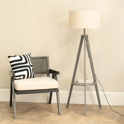 The Range Morrigan Wood Tripod Floor Lamp with Natural Linen Shade - Grey