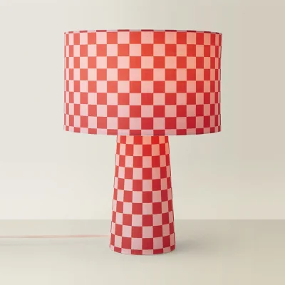 The Range Pritchard Checkerboard Fabric Table Lamp with Drum Shade - Pink