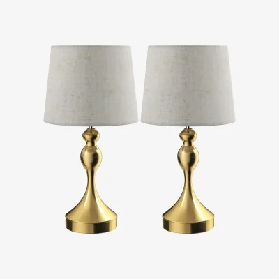 The Range Rino Set of 2 Gold Tone Bedside Lamps with Linen Shades and USB-C/USB-A Charging