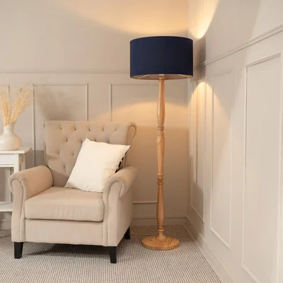 The Range Victoria Wood Floor Lamp with Drum Shade and LED Bulb - Navy