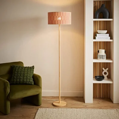 The Range Heather Dark Wood Floor Lamp with Checkerboard Bamboo Shade - Light Wood / Yes