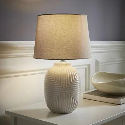 The Range Harrison Medium Geo Ribbed Gloss Ceramic Table Lamp Tapered Shade and LED Bulb - Grey