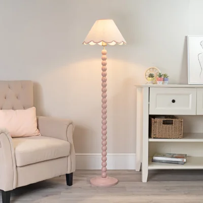 The Range Bobbins Rose Floor Lamp with Linen Scallop Shade and LED Bulb - Pink
