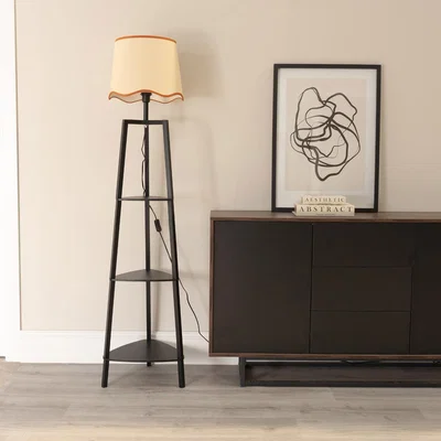 The Range Hiru 3 Tier Shelf Floor Lamp with Scallop Tapered Shade - Rust / Without Bulb
