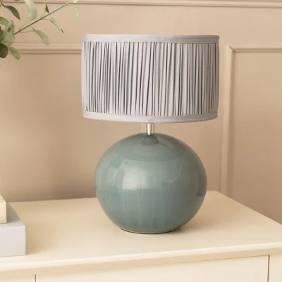 The Range Bosco Eucalyptus Ceramic Table Lamp with Ruched Pleated Fabric Drum Lamp Shade - Powder Blue / Bulb Not Included