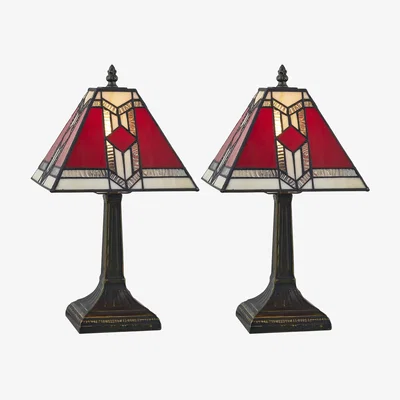 The Range Set Of 2 Avon Table Lamp With Shades - Antique Brass Plate And Tiffany Decorated Glass