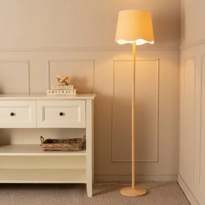 The Range Triston Wood Floor Lamp with Scallop Trim Tapered Shade - White / Bulb Included
