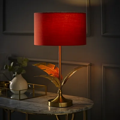 The Range Christina Palm Leaf Table Lamp with Fabric Drum Shade and LED Bulb - Rust